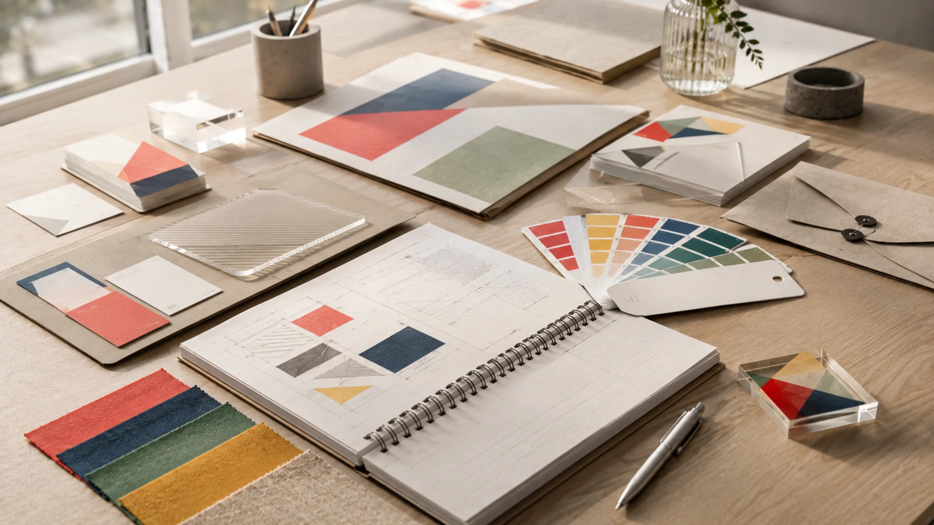 Materiales de identidad visual y papelería corporativa organizados sobre una mesa de trabajo.