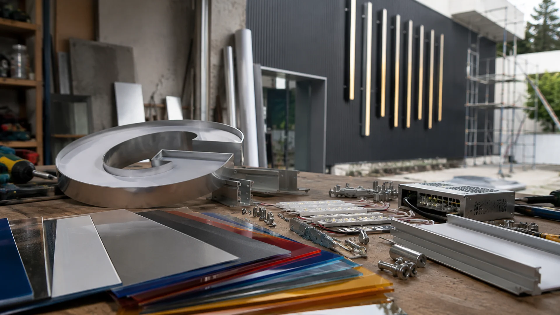 Muestras de metal, acrílico y sistemas de iluminación utilizados para fabricar un letrero exterior.